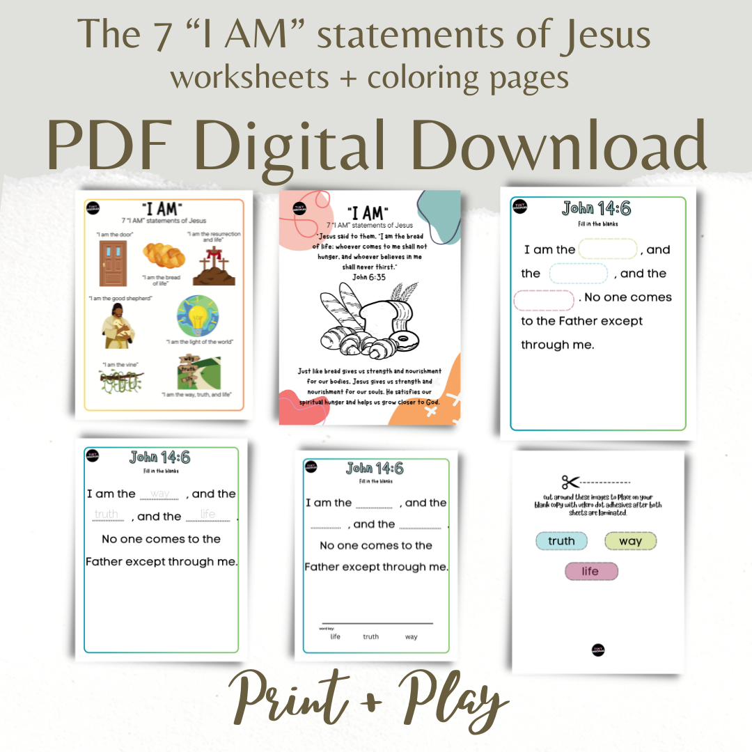 7 I AM Statements of Jesus Worksheet & Coloring Pages Bundle with Verse Memorization Worksheets